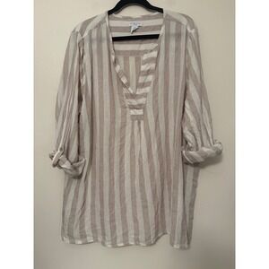 Antibes Blanc Linen Tunic Top Womens 2X Beige‎ White Striped Roll Tab Sleeve
